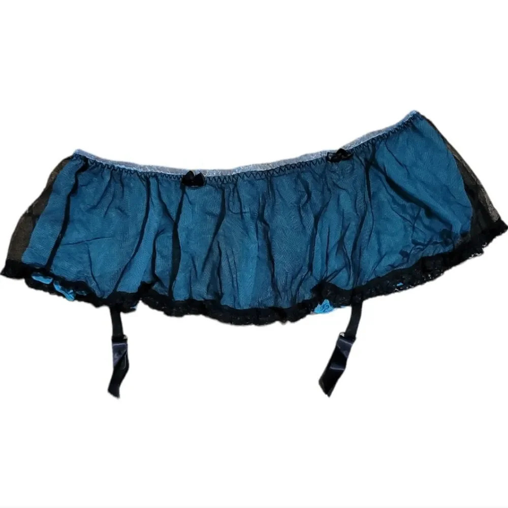 Frederick's of Hollywood seduction skirted thong thigh hi garter belt xl black